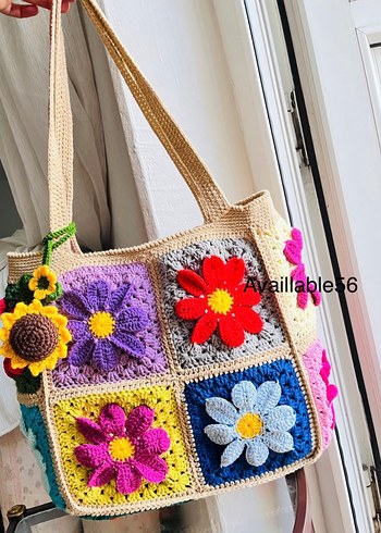 Renkli Çiçek Desenli Örgü Bohem Kadın Çanta - Görsel 2