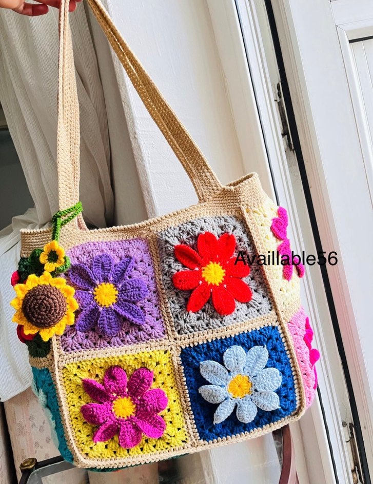 Renkli Çiçek Desenli Örgü Bohem Kadın Çanta - Görsel 2