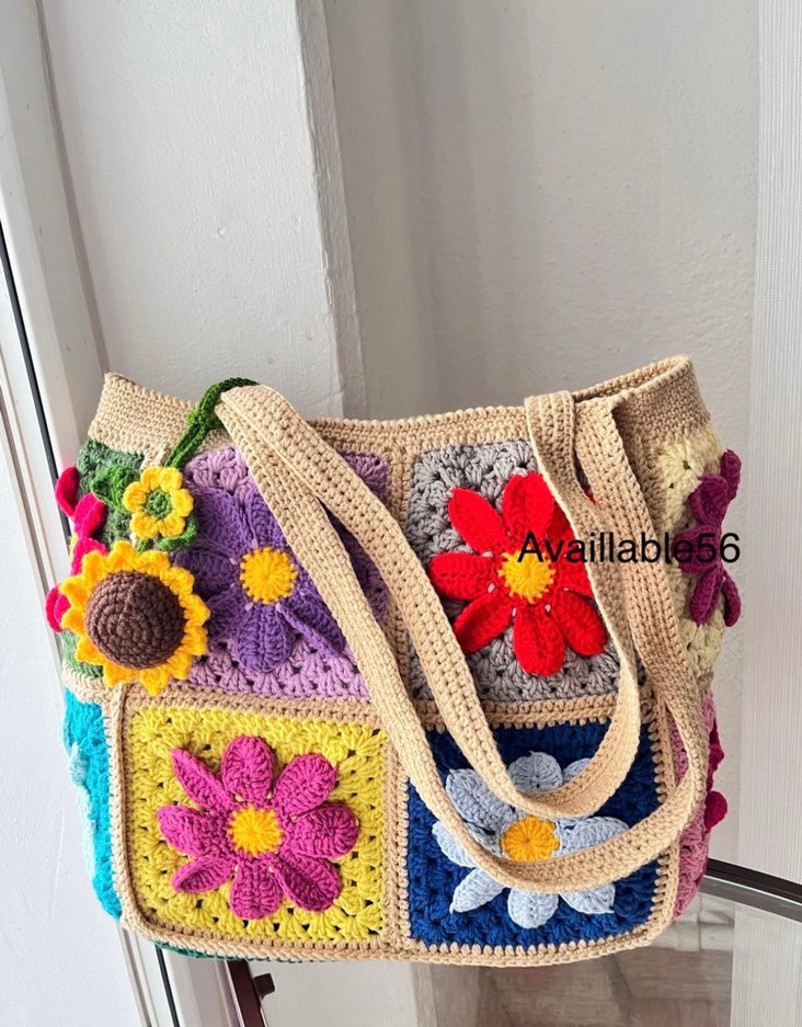 Renkli Çiçek Desenli Örgü Bohem Kadın Çanta - Görsel 4
