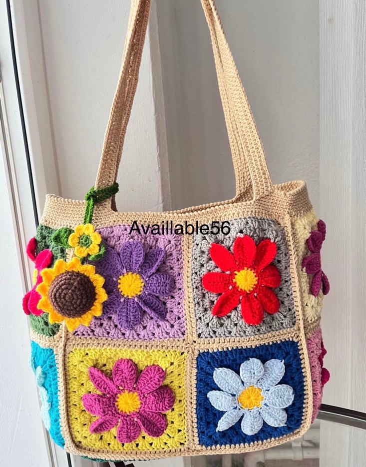 Renkli Çiçek Desenli Örgü Bohem Kadın Çanta - Görsel 5
