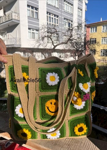 Renkli Çiçek Desenli Örgü Bohem Kadın Çantası - Görsel 2