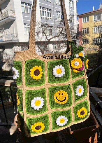 Renkli Çiçek Desenli Örgü Bohem Kadın Çantası - Görsel 4