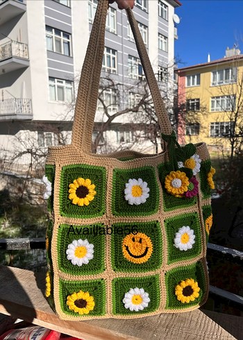 Renkli Çiçek Desenli Örgü Bohem Kadın Çantası - Görsel 3