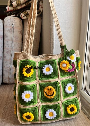 Renkli Çiçek Desenli Örgü Bohem Kadın Çantası - Görsel 5