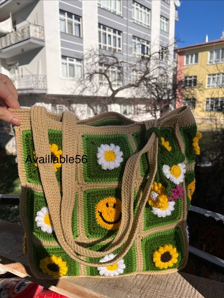 Renkli Çiçek Desenli Örgü Bohem Kadın Çantası - Görsel 2