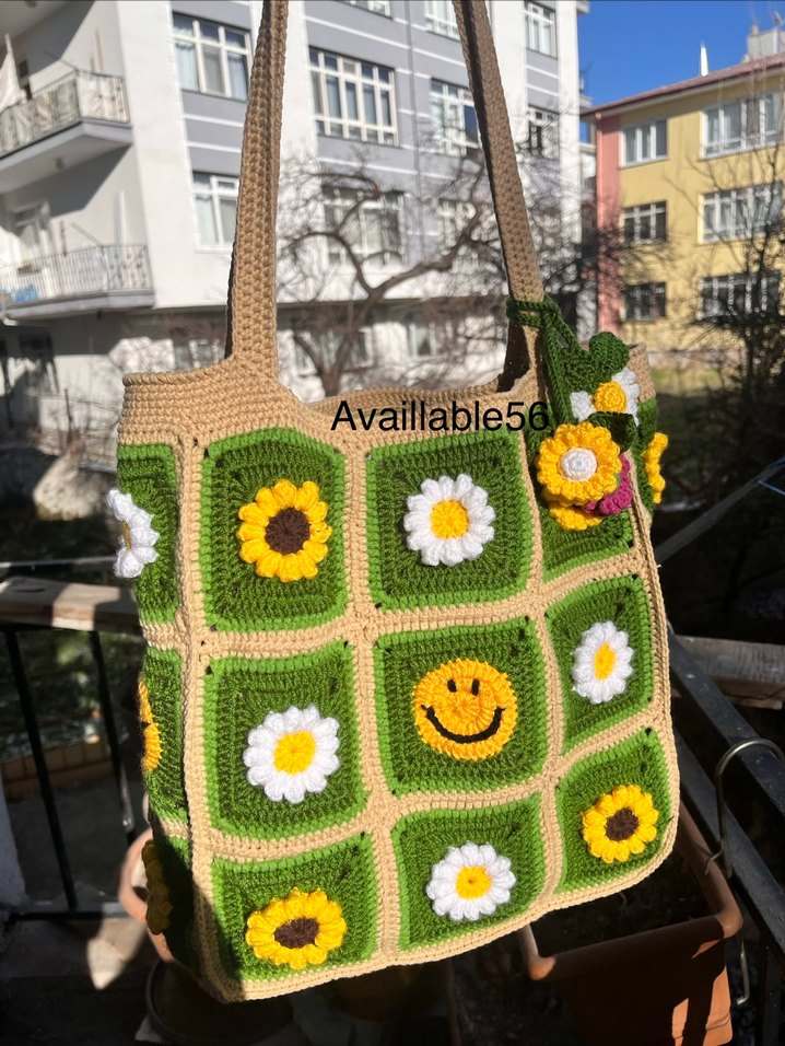 Renkli Çiçek Desenli Örgü Bohem Kadın Çantası - Görsel 4