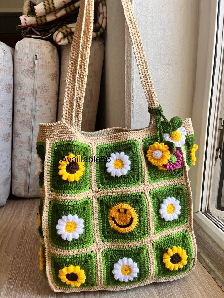 Renkli Çiçek Desenli Örgü Bohem Kadın Çantası - Görsel 5