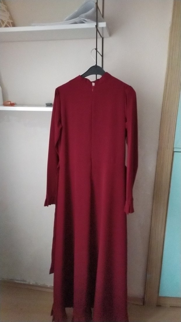 Bordo Uzun Kollu Salaş Uzun Elbise - Görsel 4