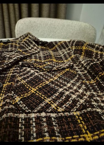 Düğmeli Kahverengi Ekose Kısa Yün Gömlek - Görsel 2