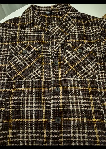 Düğmeli Kahverengi Ekose Kısa Yün Gömlek - Görsel 3