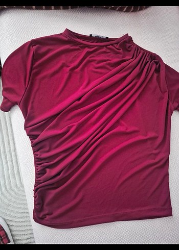 Bordo Drapeli Kısa Kollu Kadın Bluz - Görsel 2