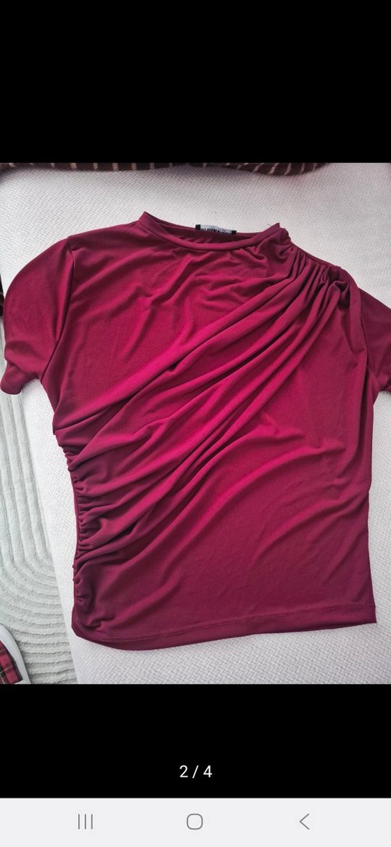 Bordo Drapeli Kısa Kollu Kadın Bluz - Görsel 2