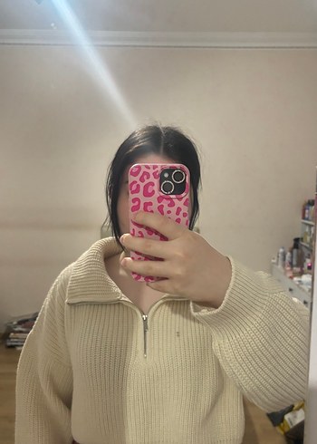 Bej Yarım Fermuarlı Yüksek Yakalı Kadın Kazak - Görsel 2