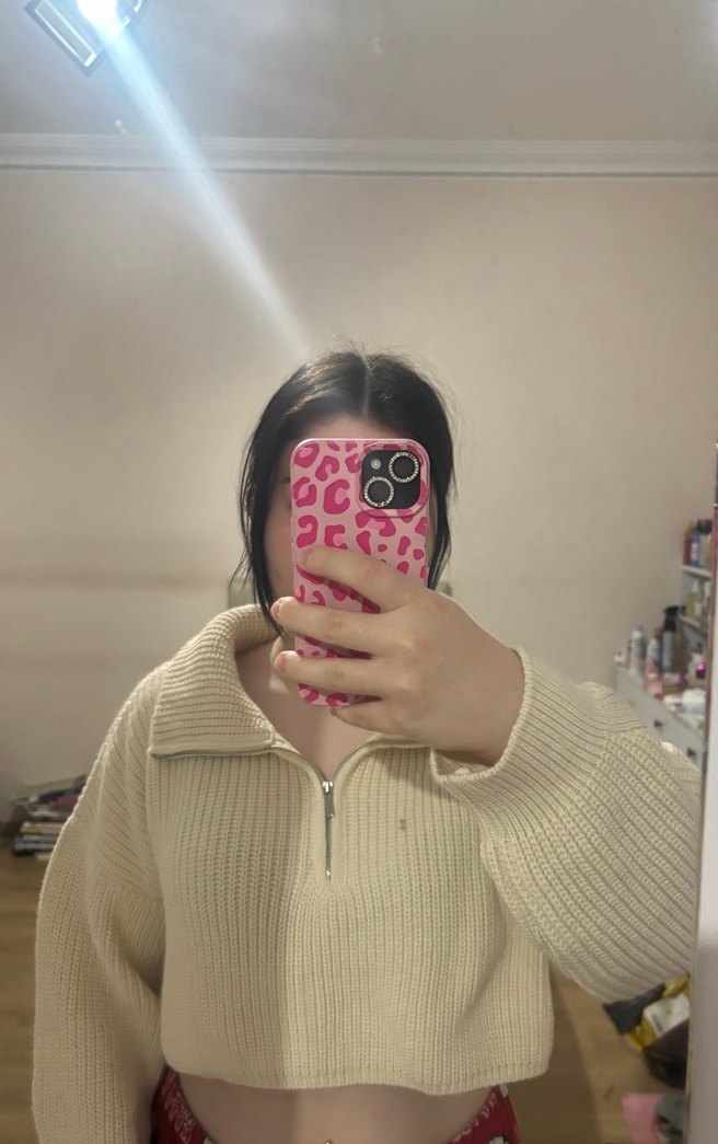 Bej Yarım Fermuarlı Yüksek Yakalı Kadın Kazak - Görsel 2