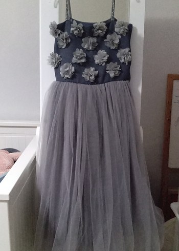 Gri Nakışlı Çiçekli Kız Çocuk Elbisesi - Görsel 2