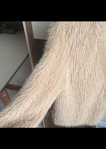 Bej Kız çocuk  Kürk Detaylı Triko Hırka - Görsel 4