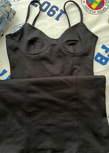 Siyah V Yaka İnce Askılı mini elbise - Görsel 2