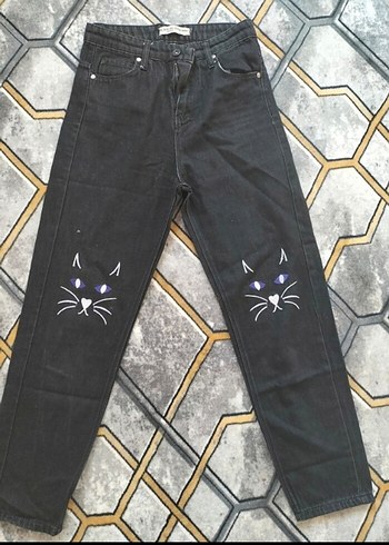 Diğer Siyah Kedi İslemeli Denim Jean