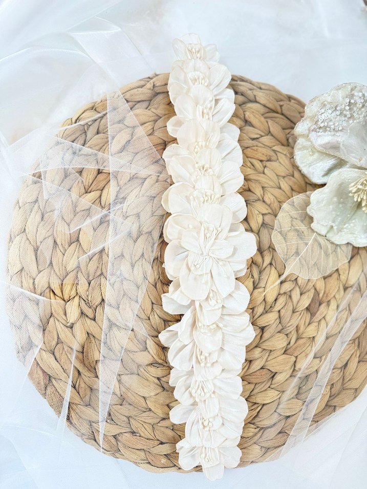 Bej Bohem Çiçekli Saç Aksesuarı gelin nişan nikah orkide kumaş - Görsel 3