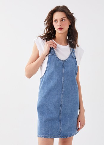 Mavi Kot Midi Askılı Tulum - Görsel 2