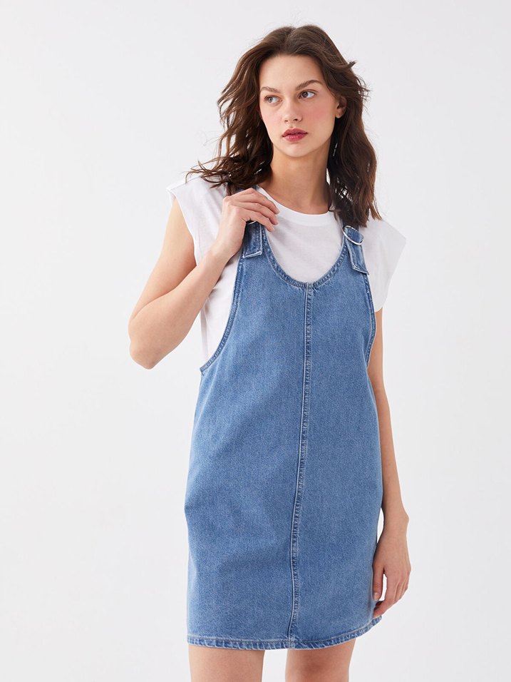 Mavi Kot Midi Askılı Tulum - Görsel 2