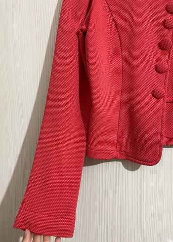 Düğmeli Kırmızı Mini Örgü Kadın Blazer - Görsel 2