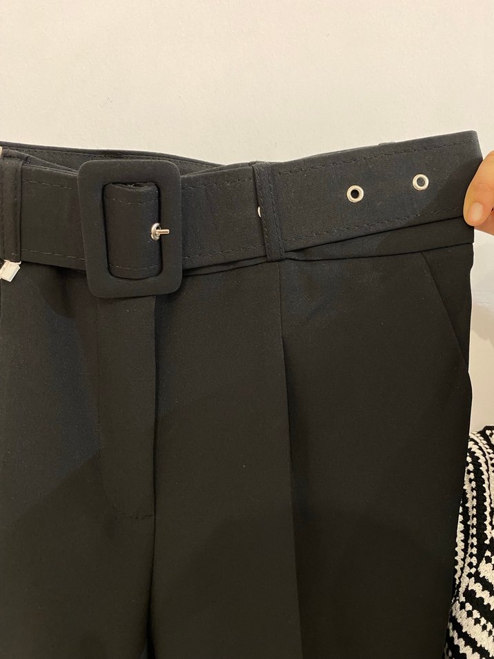 Siyah Midi Kumaş Pantolon, Kemerli, Regular Fit - Görsel 2