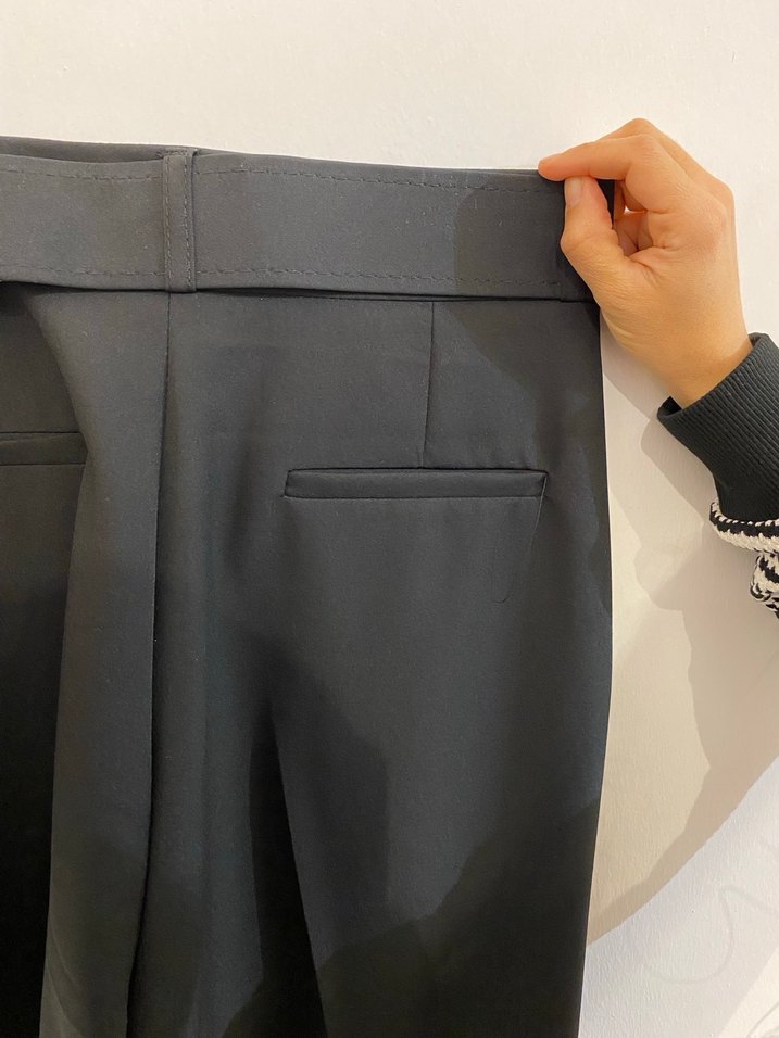 Siyah Midi Kumaş Pantolon, Kemerli, Regular Fit - Görsel 3