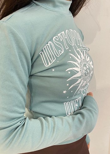 Turkuaz Baskılı Bohem Yaka Dik Mavi Hamile Bluz - Görsel 3