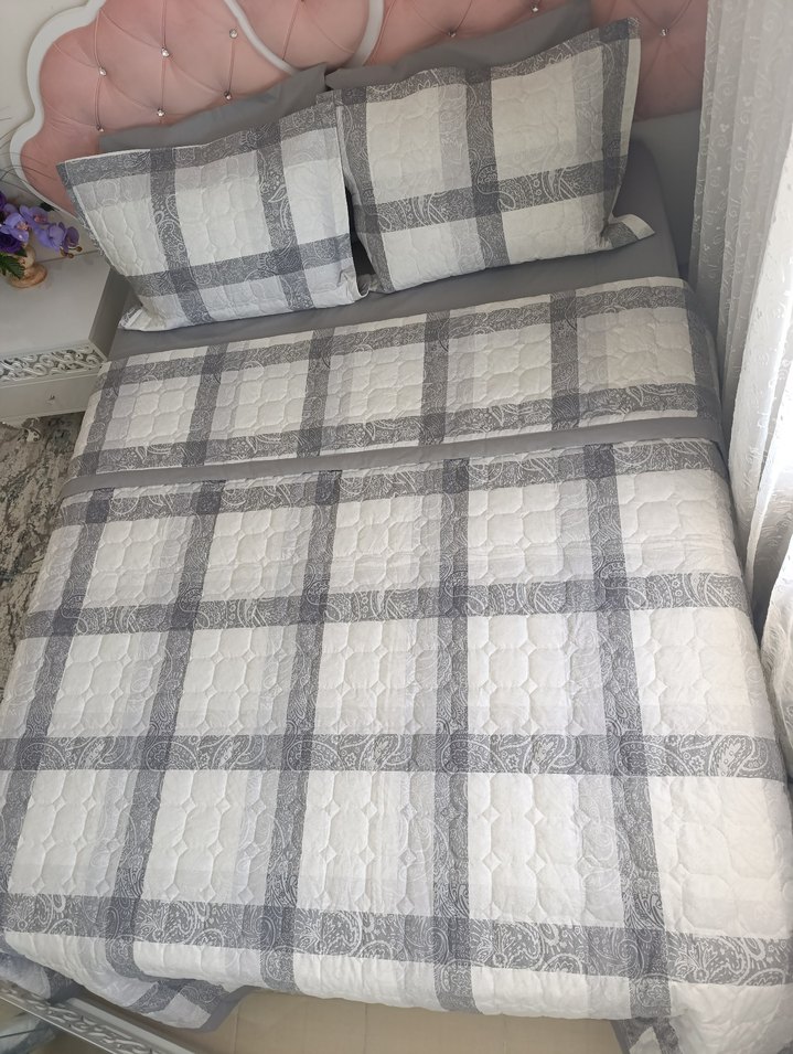 Gri Kareli Yatak Örtüsü Seti - Görsel 2