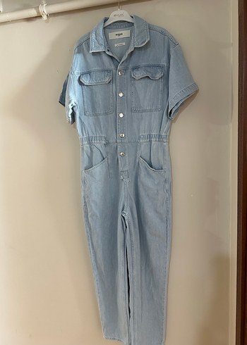 Düğmeli Mavi Denim Kadın Tulum - Görsel 2