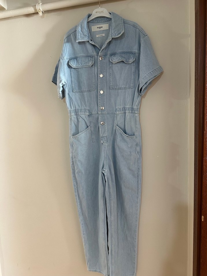 Düğmeli Mavi Denim Kadın Tulum - Görsel 2