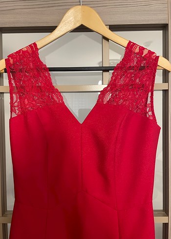 İPEKYOL Kırmızı V Yaka Uzun Abiye Elbise - Görsel 5