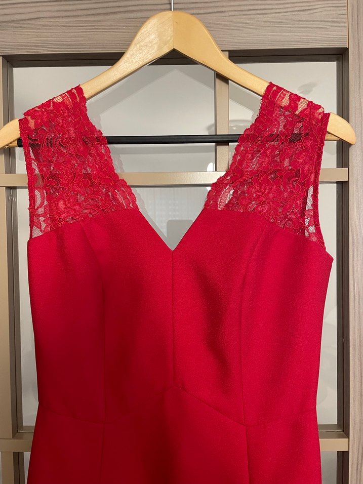 İPEKYOL Kırmızı V Yaka Uzun Abiye Elbise - Görsel 5