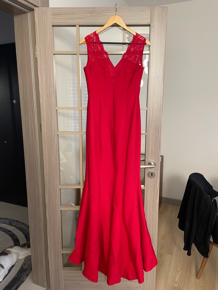 İPEKYOL Kırmızı V Yaka Uzun Abiye Elbise - Görsel 2