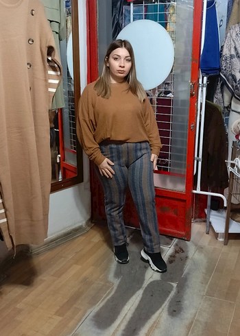 Kadın Gri Kahverengi Bol Kesim Midi Pantolon - Görsel 3