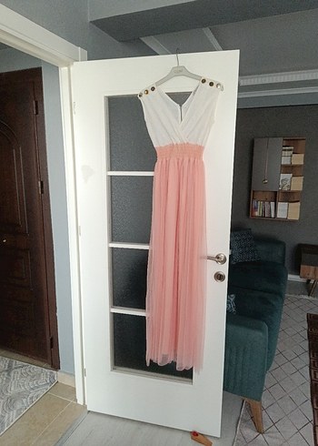 Düğmeli V Yaka Bohem Uzun Keten Elbise - Görsel 7