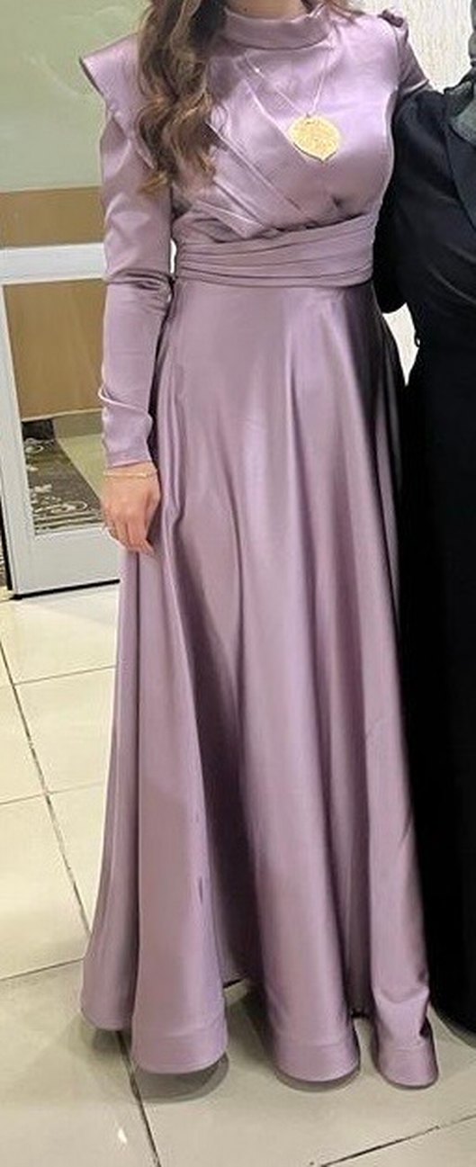 Uzun Kollu Mor Tesettür Abiye Elbise - Görsel 2