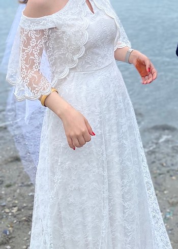 Beyaz Bohem Uzun A Kesim Dantelli Gelinlik Nikah Elbisesi - Görsel 2