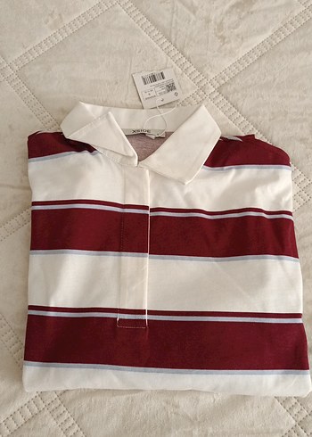 kadın Bordo Çizgili Uzun Kollu Polo Tişört - Görsel 2