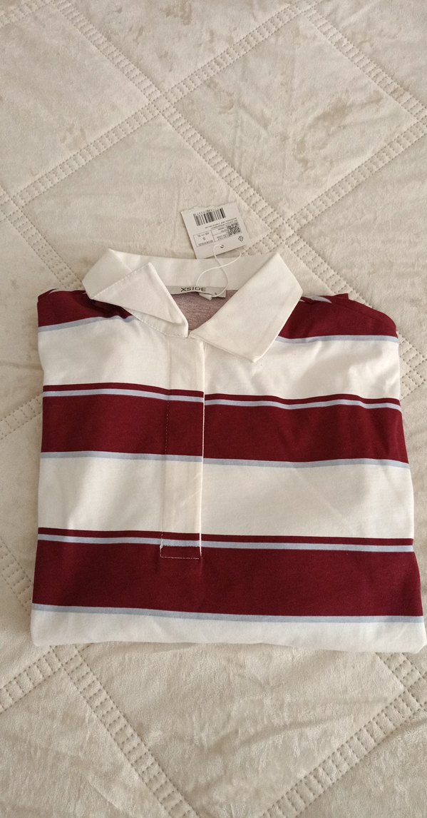 kadın Bordo Çizgili Uzun Kollu Polo Tişört - Görsel 2