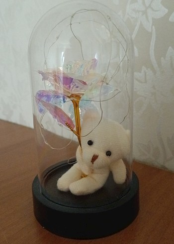 Cam Fanus İçinde Ayıcık ve Renkli Çiçek - Görsel 3