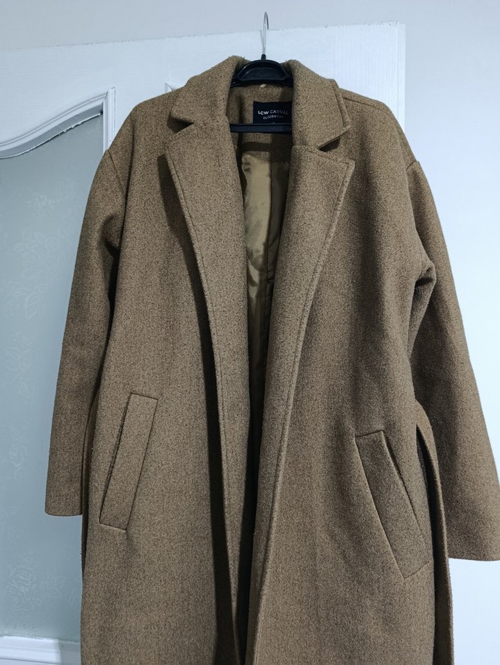 Bej Uzun Kadın Kaban, Kemerli, Yün - Görsel 3