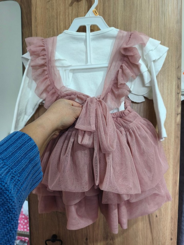 Pudra Renkli Kız Çocuk Fırfırlı Elbise - Görsel 2