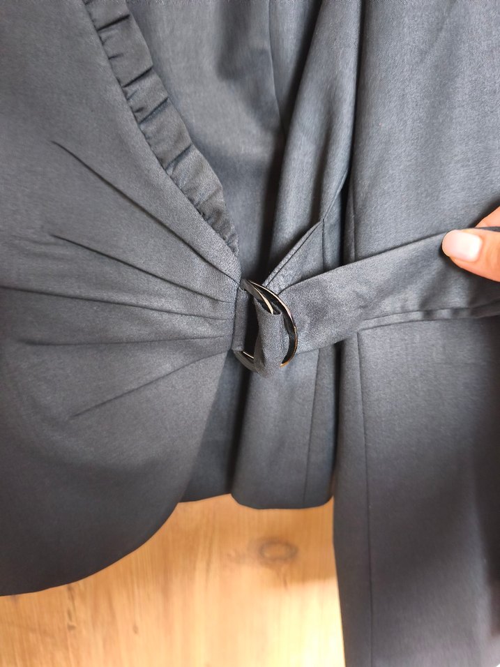 Kadın Siyah Kemerli Midi Blazer Ceket-Etek takım - Görsel 3