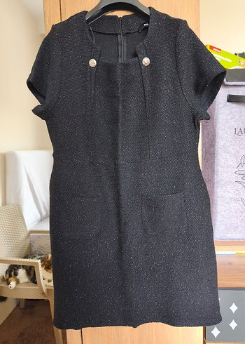 Düğmeli Siyah Midi Yün Kadın Elbise - Görsel 3