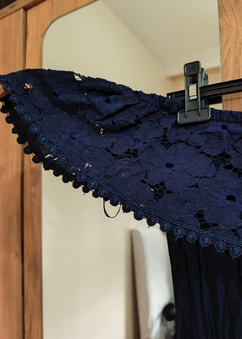 Lacivert Bohem Straplez Nakışlı Elbise - Görsel 3