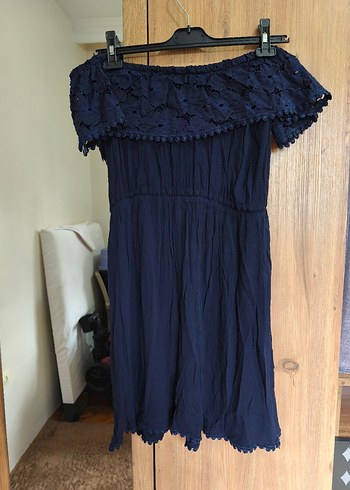 Lacivert Bohem Straplez Nakışlı Elbise - Görsel 2