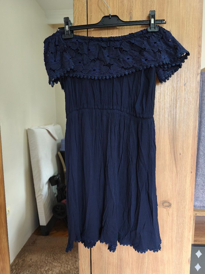 Lacivert Bohem Straplez Nakışlı Elbise - Görsel 2