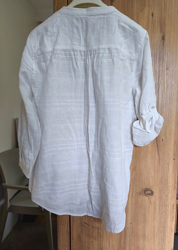 Düğmeli Beyaz Keten Kadın Gömlek - Görsel 2